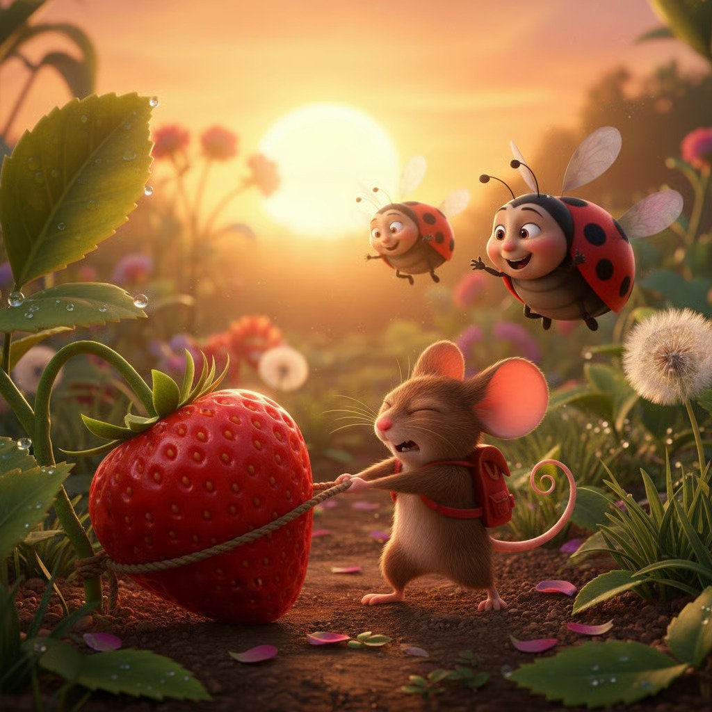 Animated mouse and ladybugs in a garden at sunset with a large strawberry, surrounded by flowers and plants