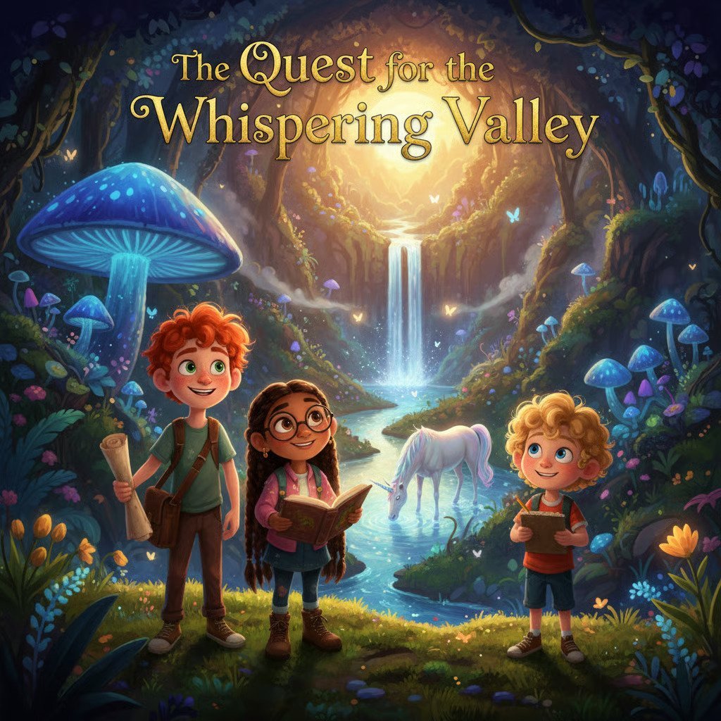 Four children standing in a magical forest with glowing mushrooms, a waterfall, and a unicorn, with title The Quest for the Whispering Valley