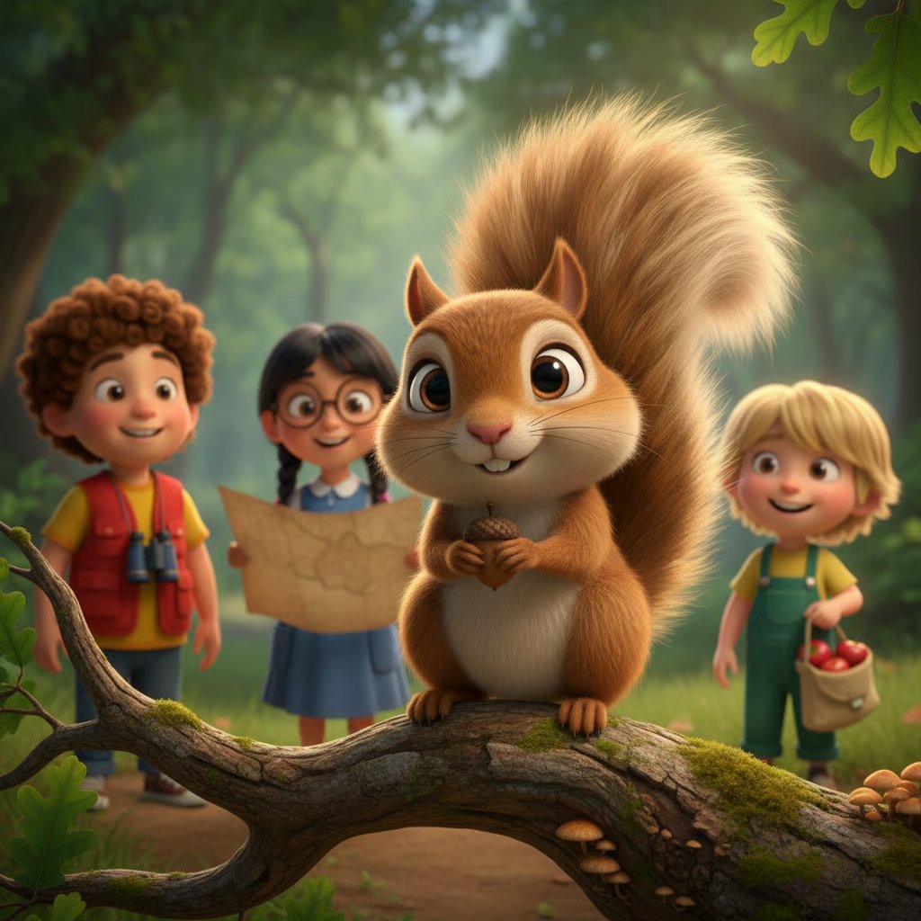Animated squirrel with fluffy tail standing on a branch with three smiling children in a forest setting