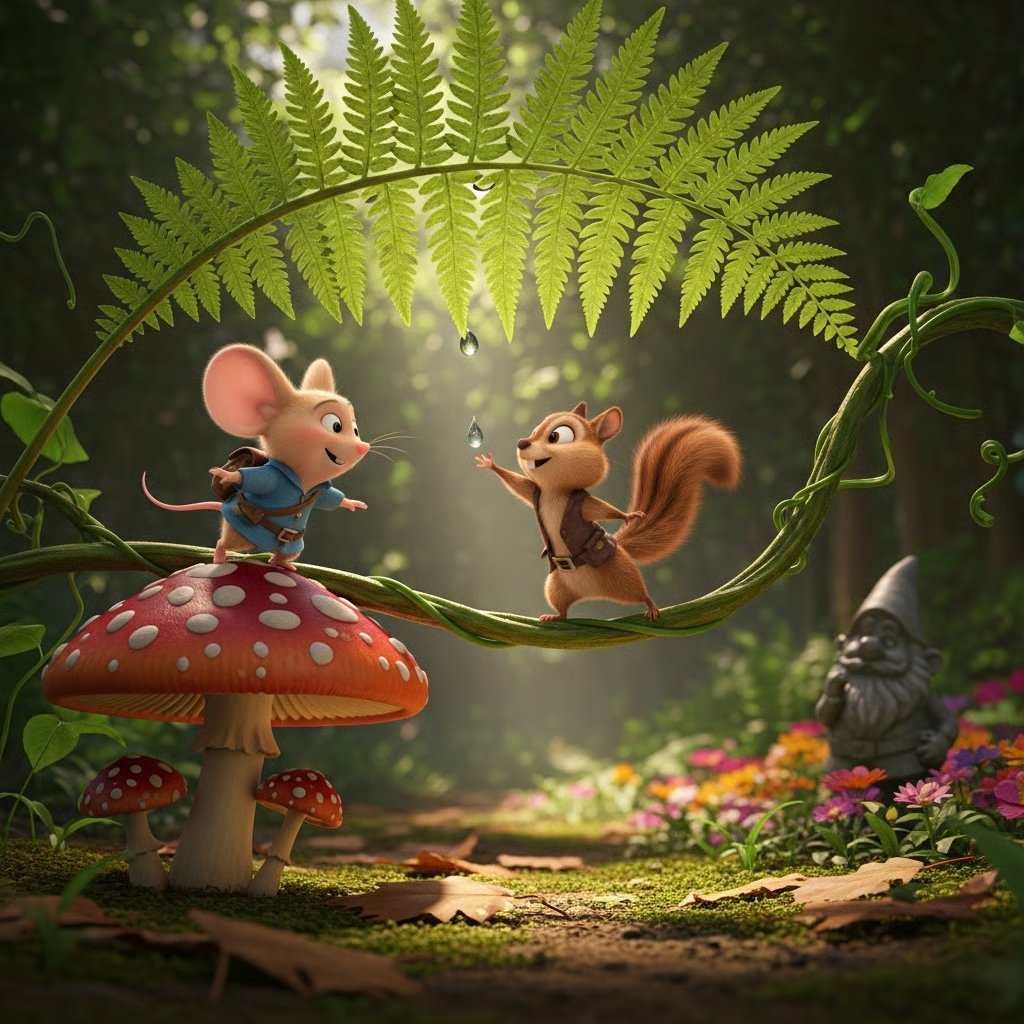 Cartoon mouse and squirrel playing on a red mushroom in a lush forest with ferns, moss, and colorful flowers