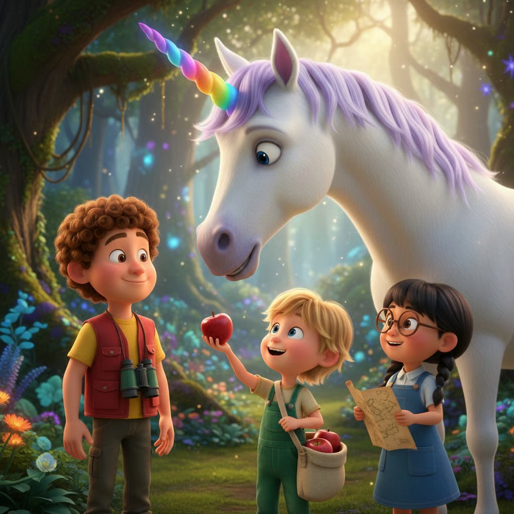Three animated children encountering a magical white unicorn with a rainbow horn in an enchanted forest
