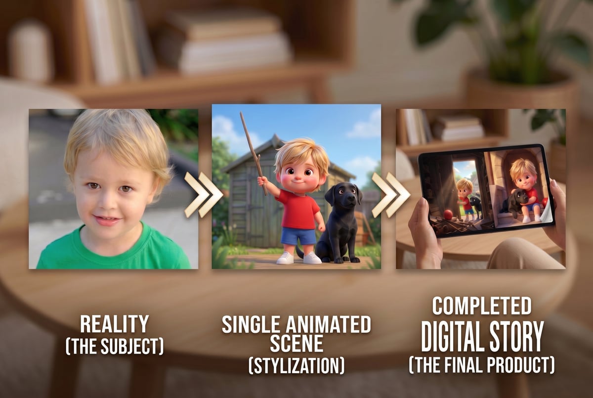 Three-stage process showing child photo transformed into animated character and final digital story production