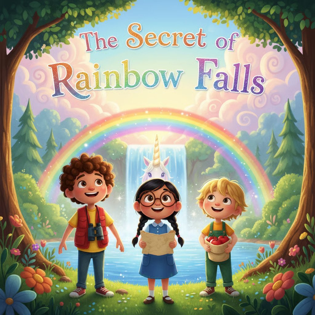 Three children standing in a magical forest with a rainbow arching over a waterfall, from the book The Secret of Rainbow Falls