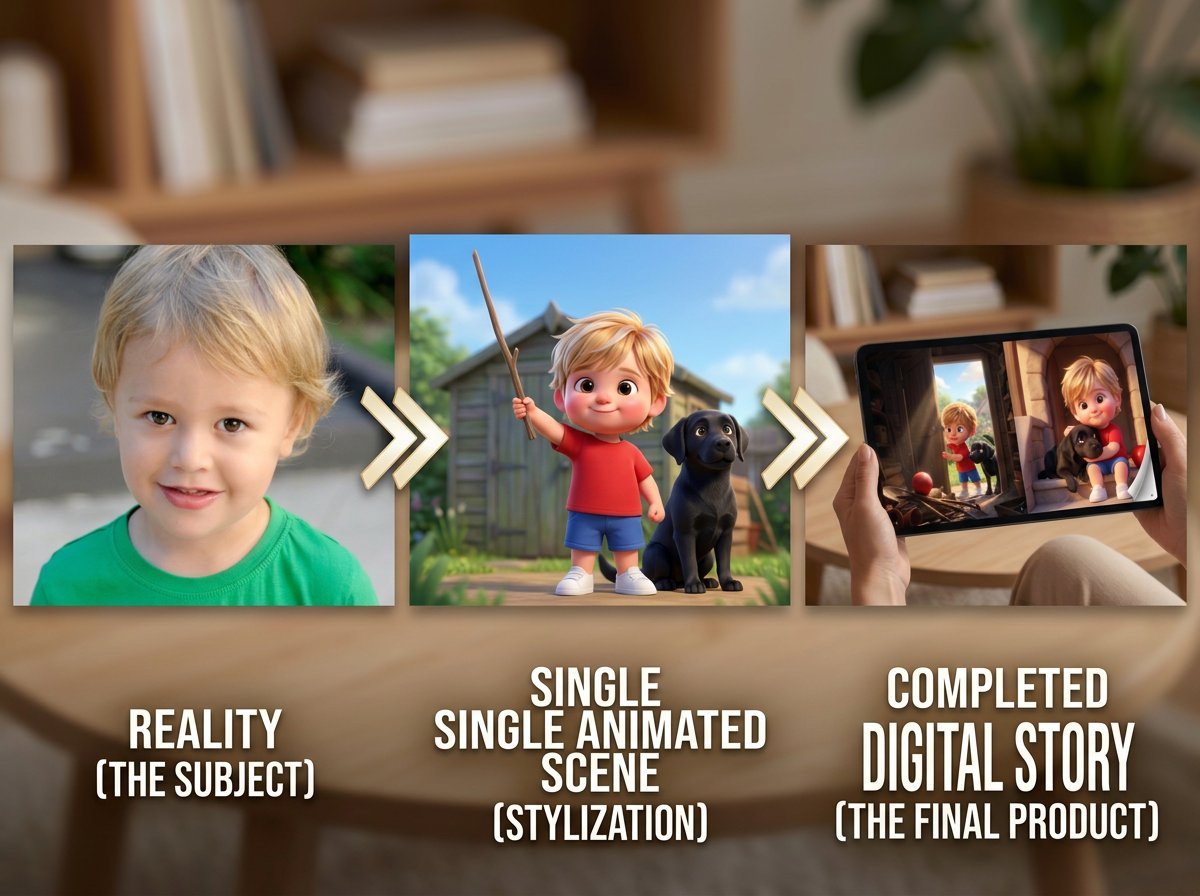 Diagram showing animation process: real child photo transforms into animated scene, then into digital story with multiple frames