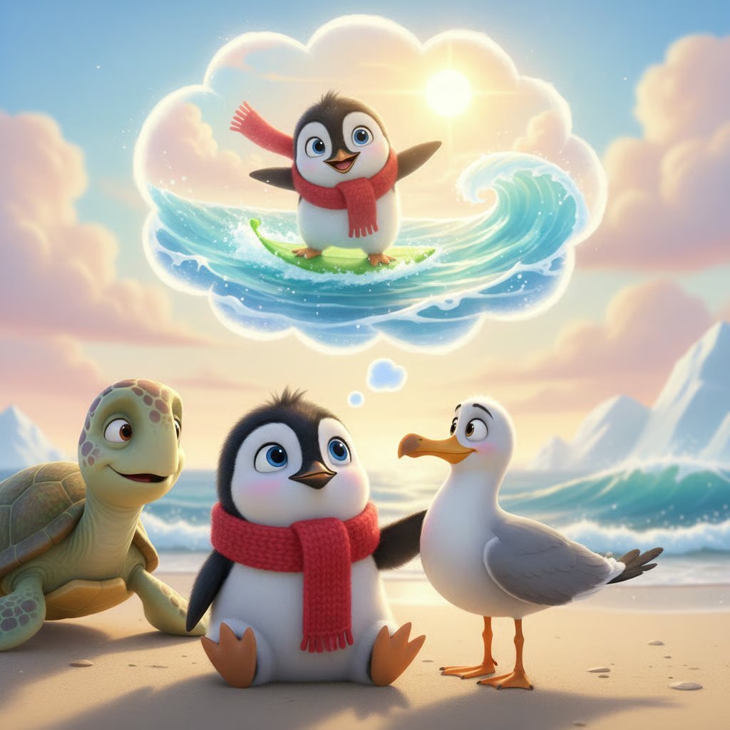 Animated penguin with red scarf on beach with turtle and seagull, daydreaming of surfing on a cloud