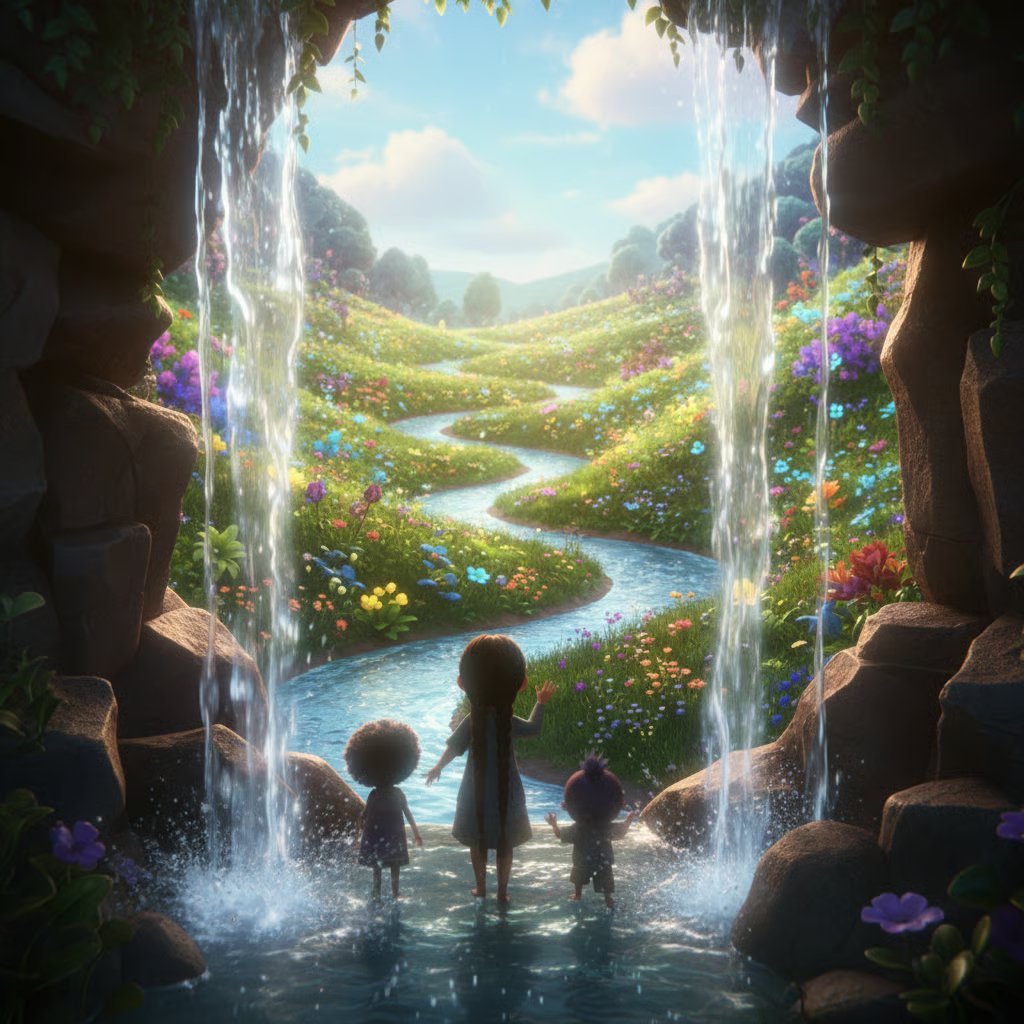 Three silhouetted figures standing at the entrance of a magical cave, looking out at a lush valley with waterfalls, blooming flowers, and a winding river