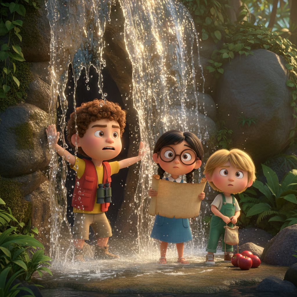 Three animated children standing beneath a waterfall in a lush forest setting, with one child reaching up toward the cascading water