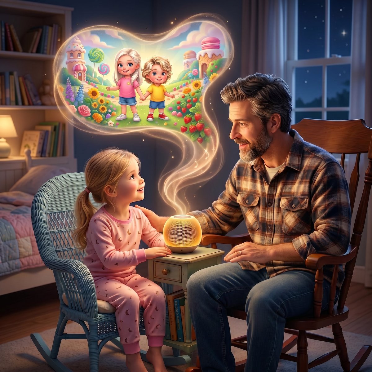 Adult man and young child sitting together at night with a glowing magical dream cloud above them featuring animated characters and colorful imagery