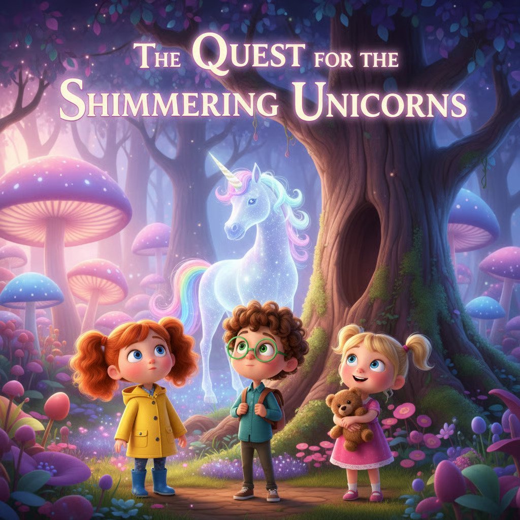 Three animated children stand in an enchanted forest gazing at a glowing unicorn surrounded by magical mushrooms and glowing trees