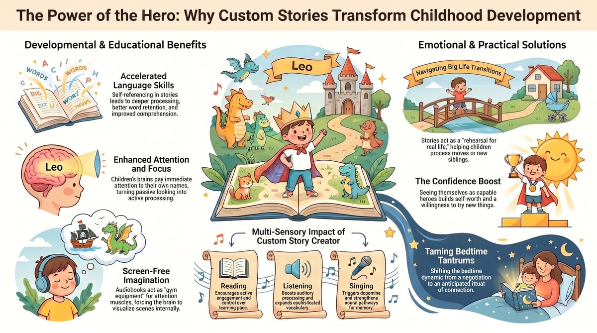 Infographic showing how custom stories benefit child development through language skills, imagination, confidence, and emotional regulation