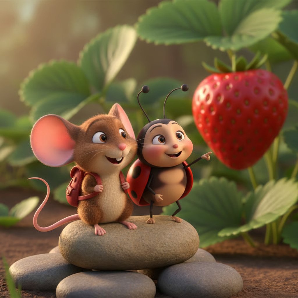 Animated mouse and ladybug characters standing on stacked stones with a large red strawberry and green foliage in the background